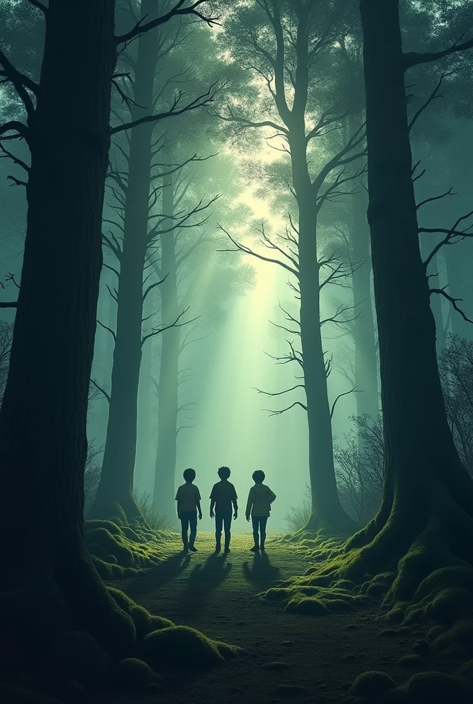 with tall, eerie trees and shadows everywhere & natural colours . Three boys walking under the forest