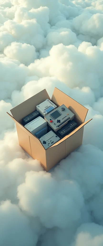 consoles inside a cardboard box in the clouds