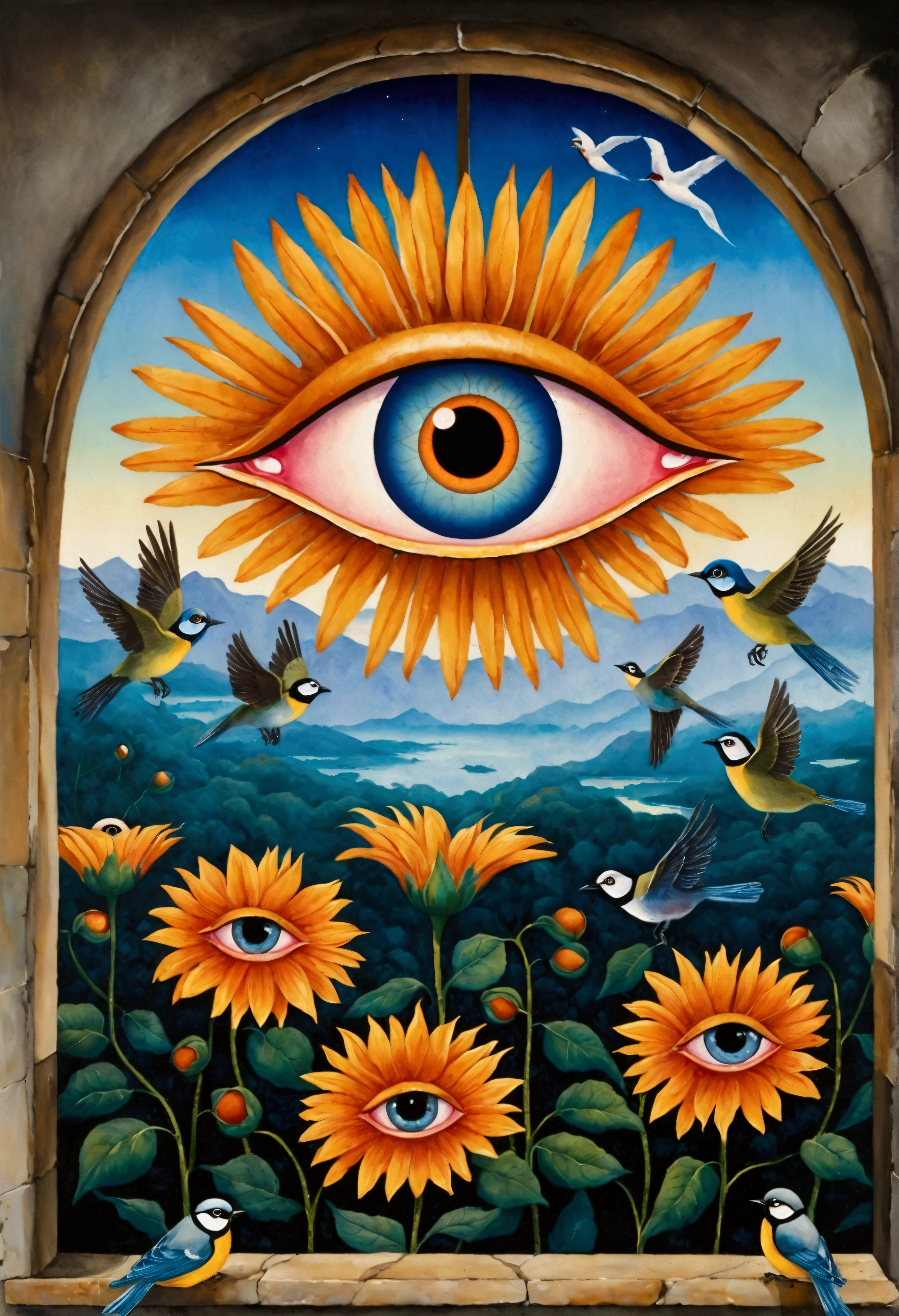 Painting of flowers and birds on the window, Full color illustrations, open one&#39;s eyes , Eyeballs, artwork, Popular Surrealism艺术风格, All-Seeing Eye, eye of the beholder, Paul Lafley, official artwork, Popular Surrealism, Vision, In prison, What the eyes see, Eyes wide open