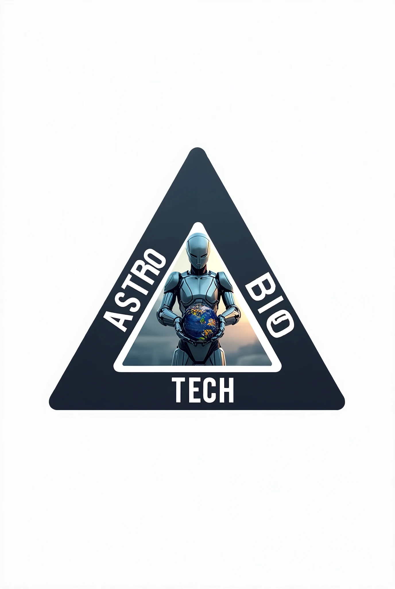 Make an image of a triangle-style logo with the ends written Astro Bio Tech And in the center of the image place a robot holding a satellite or planet, make a tumblr image