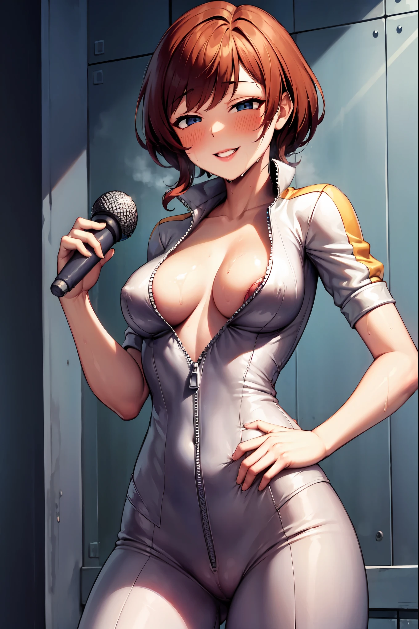 ((super high quality,Ultra-high resolution,16K,super masterpiece,Ultra HD ,Detailed shading,))Dark back alley,((One woman,Sexy older sister)),Cleavage,White jumpsuit,Zipper up to the crotch,popped Tight collar,smile,blush,Sweaty,Looking straight ahead,holding a microphone in his hand,A small amount of drooling,Love juice from the crotch,slouch,