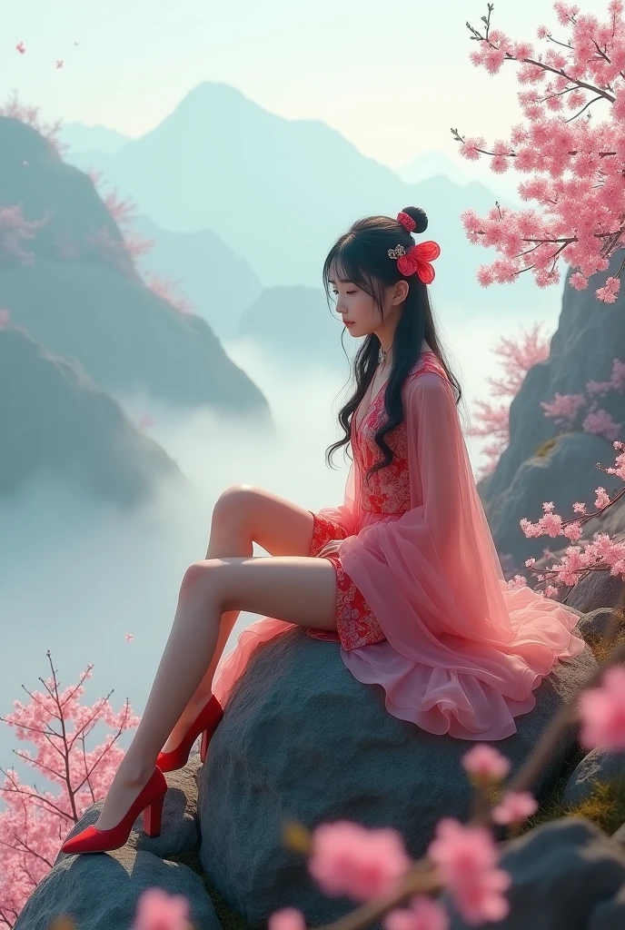 32k, Masterpiece, Highest quality, One girl, Detailed eyes, flower,Sandersonia, Pink and brown style,A dreamy, romantic piece,Pale pink, Mysterious Leaves,A playful arrangement,Fantasy,High Contrast,Ink strokes,explosion,Exposure, Impression of pink and brown tones,Abstract,((Watercolours by John Berkey and Jeremy Mann )) Brush strokes,Negative Space, Tyndall effect,
