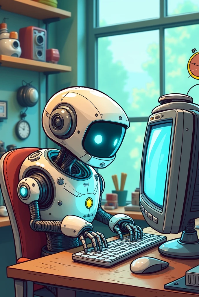 A robot using the computer in cartoon format 