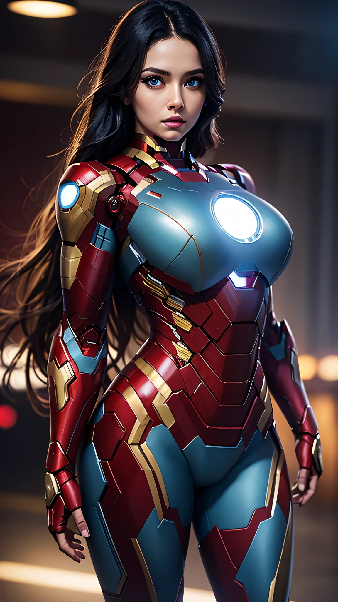 Woman cosplays as iron man, european woman face, sexy woman, curvy body, woman 3, posing at full height , big breasts, Divine face, beauty faces, high detail, Beauty of lips, photorealistic, ultra realistic, background, rtx on, Color correction, perspective, depth of field, line of sight, tonal colors, 8 thousand., Full HD, perfectionism, Rim lighting, daylight, soft lighting, Accent lighting, Score diffractions, hot woman , super detailed, (( Detailed beautiful light blue eyes )) , ( black hair )  , variety of hairstyles, long hair, ( red and gold iron man suit ), very big tits