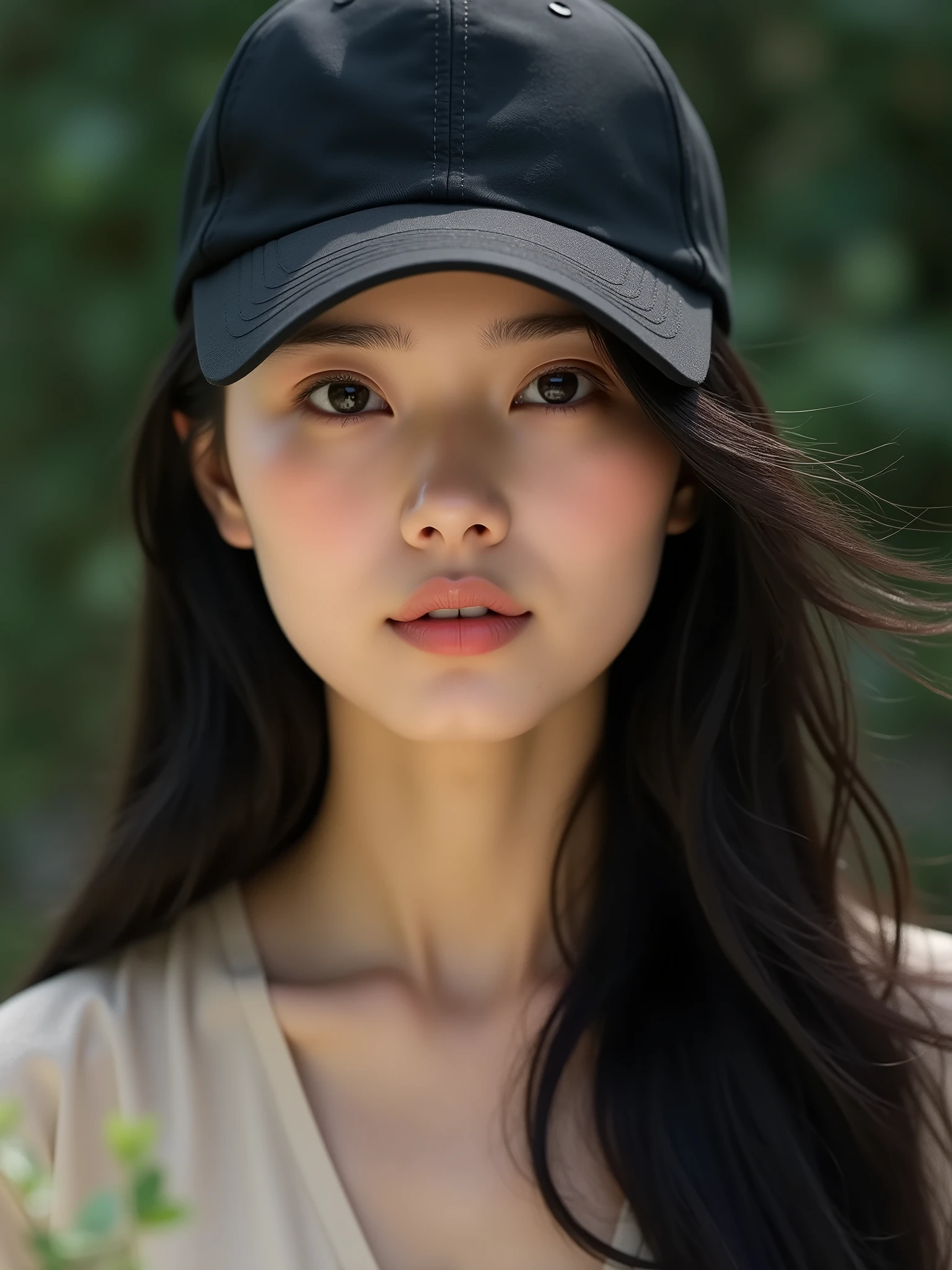chinese girl 20 years old , with flawless face,focus on her gaze,cute,beautiful,high quality beautiful,black hair ,with black bisbol hat,casual style ,natural ,badass