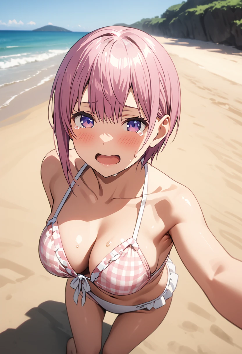 (Highest quality, 4K, 8k, High resolution, masterpiece:1.2), Very detailed, Picturesque, Animated Photography, Photo Animation:1.37)、A Japanese highgirl、(Pink Hair)、(Pixie Cut)、in a beach、bikini、(bikini color:random)、black cheokr、Ecstasy face、trembling、Sweat、Drooling、crying、Full body photography、selfie、Nakano ichika