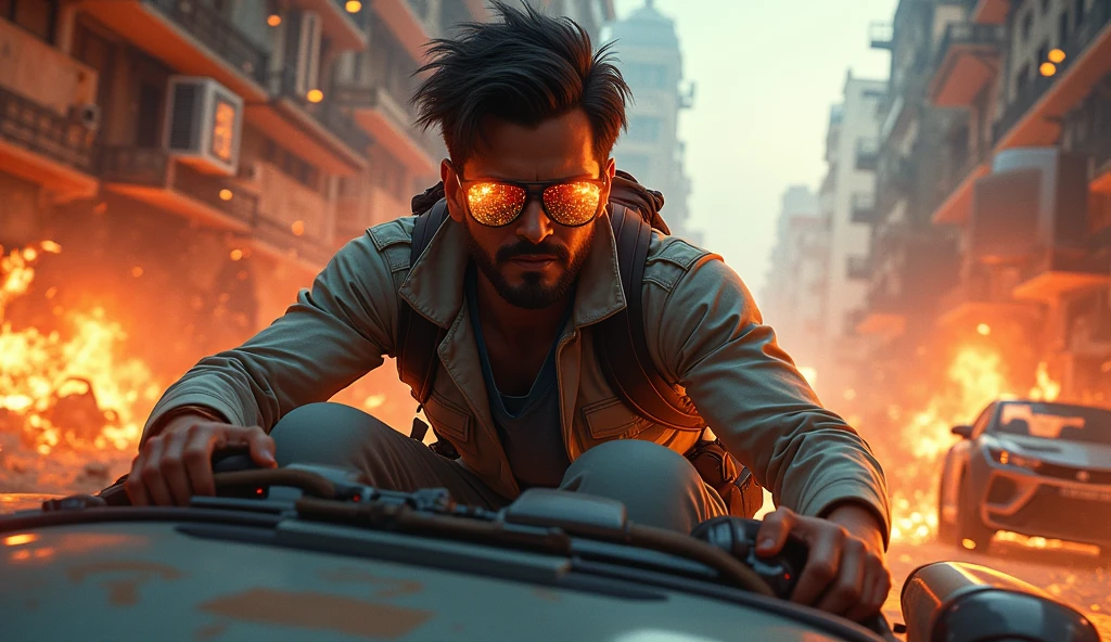 Scene 29:
In a high-speed chase, Alok Free Fire drives through a city under attack. His sunglasses reflect the explosions as he navigates through the chaos.