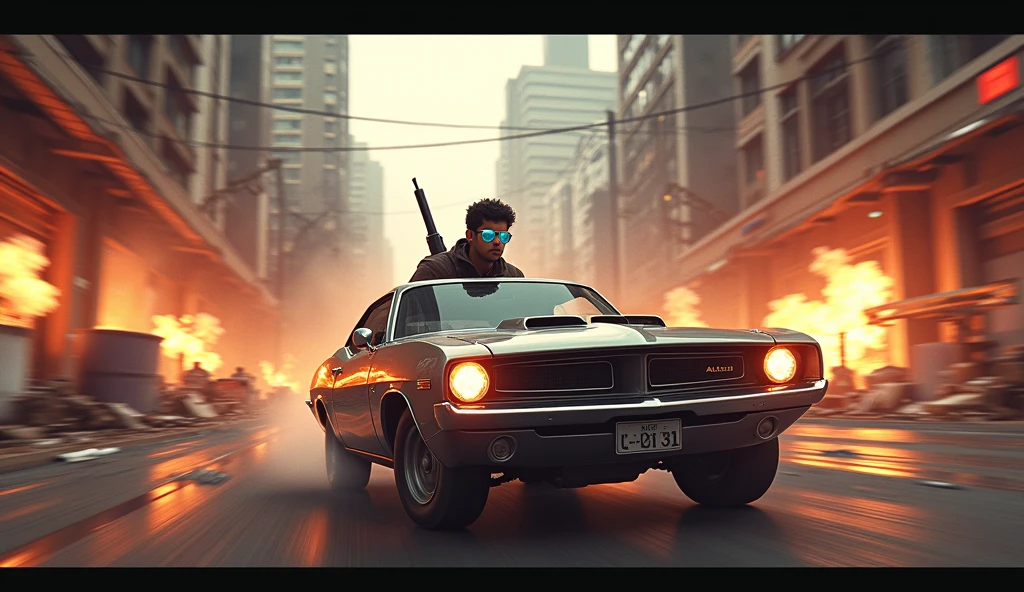 Scene 29:
In a high-speed chase, Alok Free Fire drives through a city under attack. His sunglasses reflect the explosions as he navigates through the chaos.