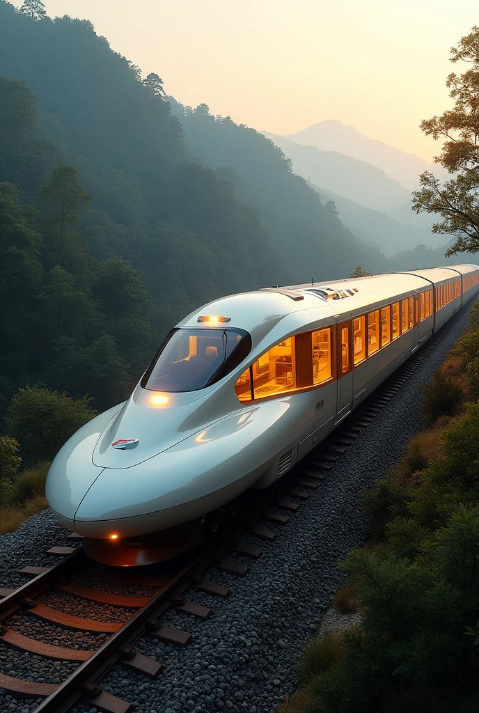 Imagine a Sleeper Bullet Train from Exterior more Aerodynamic and Interior lights should be Yellow and With with a little Indian Flag Touch