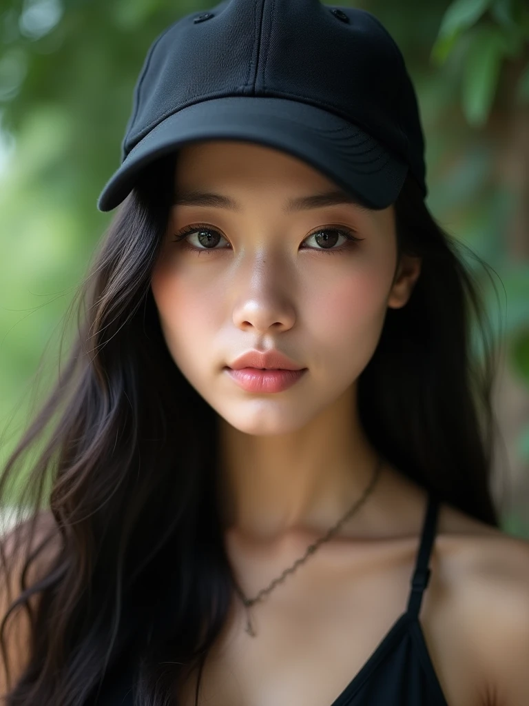chinese girl 20 years old , with flawless face,focus on her gaze,cute,beautiful,high quality beautiful,black hair ,with black bisbol hat,casual style ,natural  ,badass