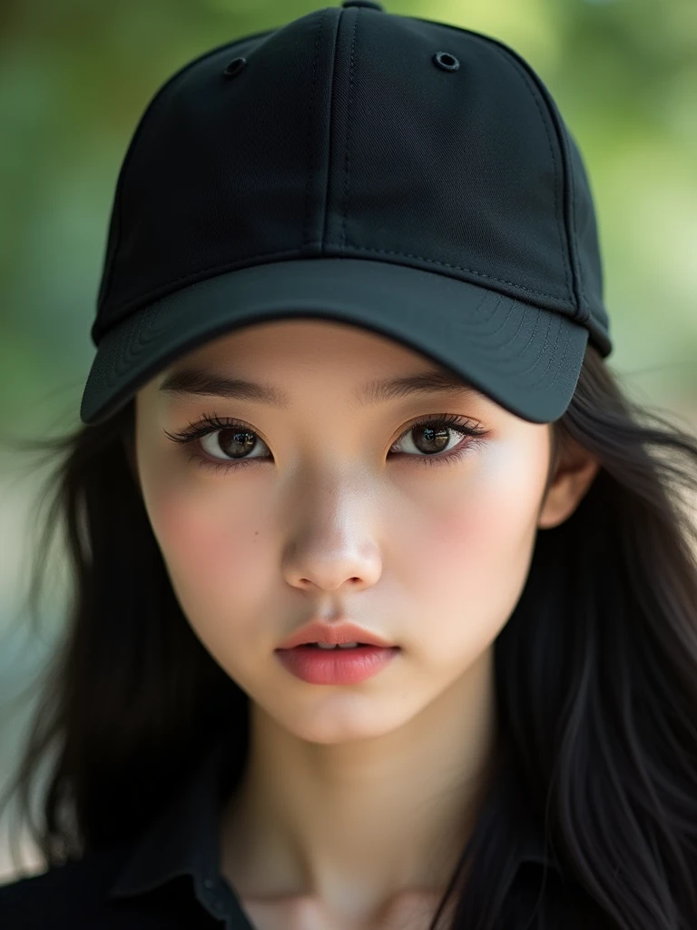 chinese girl 20 years old , with flawless face,focus on her gaze,cute,beautiful,high quality beautiful,black hair ,with black bisbol hat,casual style ,natural ,badass