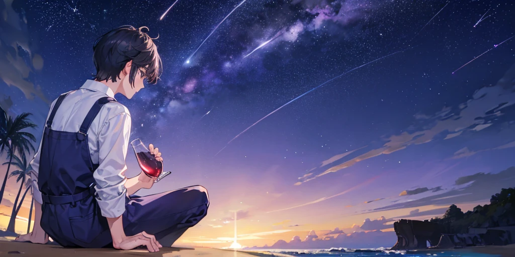 The back of a boy sitting on the beach holding a bottle of wine. There is a large purple starry sky and shooting stars in the background. The overall picture is darker.