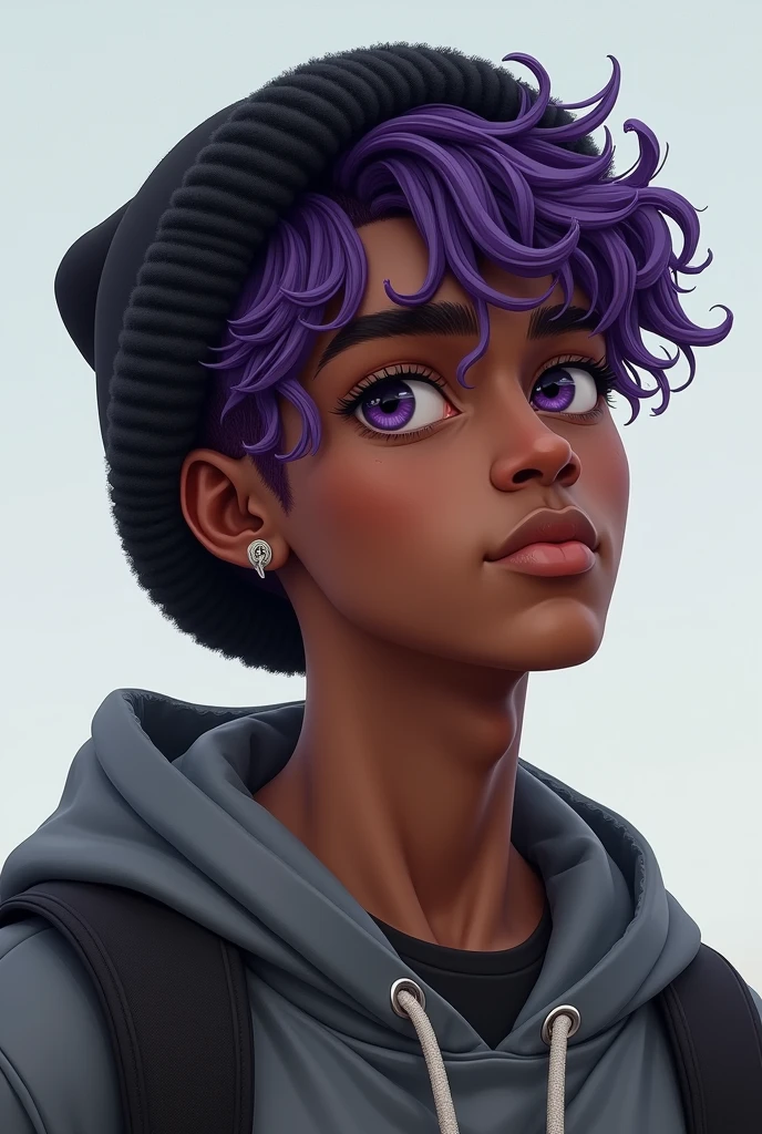 African American teenage male with a split dye hair one side purple one side black, always wears a beanie and wears a shoulder bag instead of a backpack