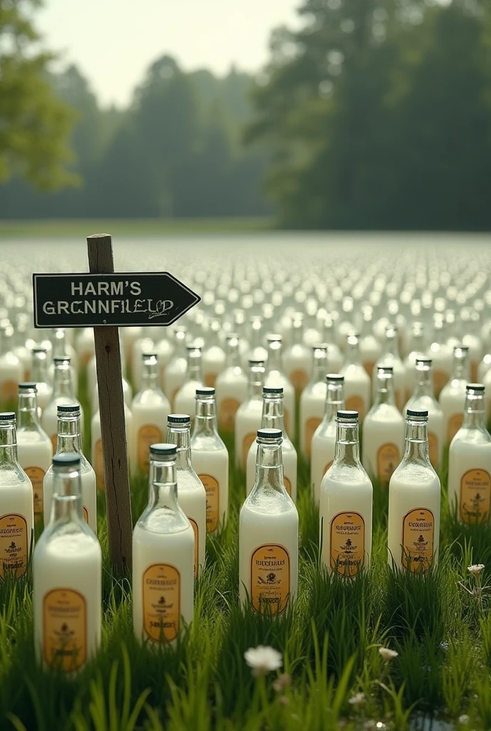 Create a meadow with 1000 unopened glass bottles in white glass. The glass bottles are said to be from the Nordhäuser Nordbrand brand and contain the well-known Korn .
 A sign in the foreground points to Harm&#39;s cornfield.