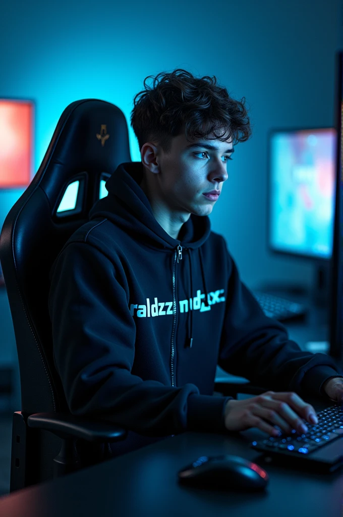 Draw me a picture of a young man sitting on a gamer chair facing a computer and wearing a jacket with the words RaldzzModzxz written on it in a room with blue lights.
