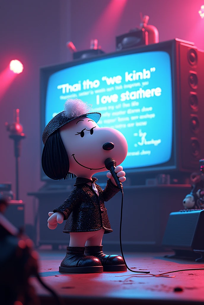 Draw Snoopy with a custome of The weeknd singing a song on the top of the image put a TV showing the lyrics of the song called "Starboy"