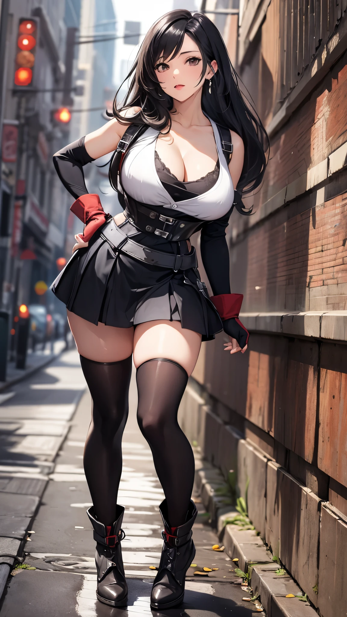 Final Fantasy VII, Tifa , Ankle boots, Black Hair, Black Mini Skirt, black Knee socks, Red Boots,  Fingerless gloves, Large Breasts, Cleavage、(suspender black skirt), Knee socks, Outdoors、 Model Pose, Highest quality, masterpiece, High resolution, 