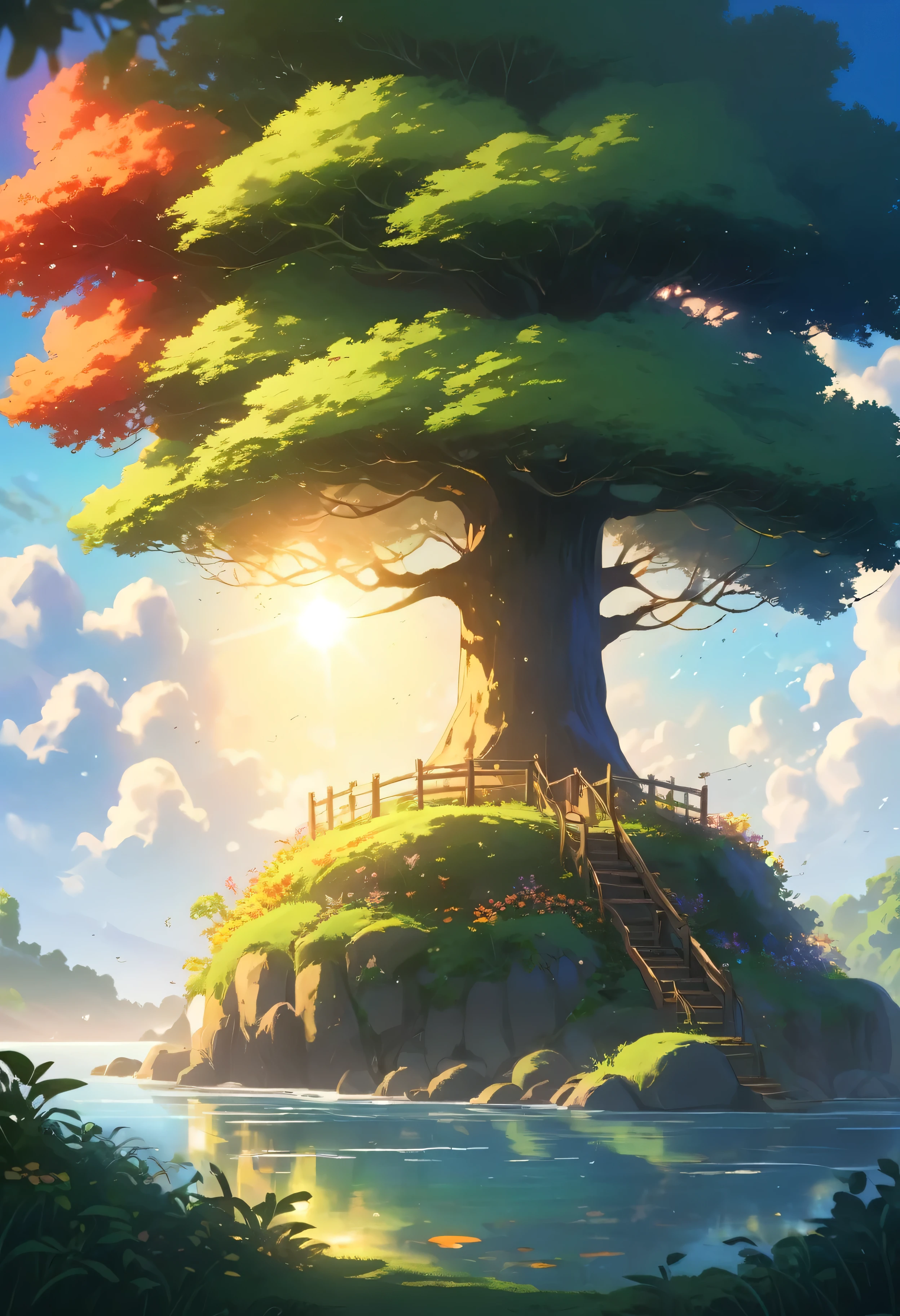 Use studio Ghibli style.Craft a peaceful sunset scene on a floating island in the sky, featuring a towering, mystical tree with deep green leaves that have warm red edges. The tree should dominate the left side of the image. In the background, depict a glowing sunset with the sun partially hidden by the edge of the island, casting a soft, golden light over the sky, which transitions from deep blue at the top to warm, golden hues near the horizon. Include a small, rustic wooden house in the mid-ground, surrounded by a simple wooden fence and nestled among other trees. The foreground should feature a vibrant green field with a dirt pathway leading to the house, adorned with colorful wildflowers. The scene should capture the sunlight filtering through the tree branches, casting gentle shadows and evoking a sense of calm. Make this in a piece of island floating in sky