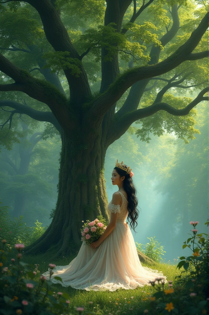 Once upon a time, in a lush forest, there lived a stunning woman named Akira. Her striking feature was her big, bright eyes that sparkled like diamonds in the sunlight. She was a true beauty, with porcelain skin, raven hair, and full lips that curved into a perpetual smile.
One day, while wandering through the forest, Akira stumbled upon a magnificent tree with a canopy so dense it filtered the sunlight, casting dappled shadows on the ground. She felt drawn to the tree's majesty and decided to sit beneath its branches.
As she sat, a gentle breeze rustled the leaves, and a delicate crown of flowers and leaves fell onto her head. The crown seemed to be woven by the forest itself, and it fit Akira perfectly.
Suddenly, a soft voice whispered in her ear, "You are the queen of this forest, Akira. Your beauty and grace have enchanted the trees, the creatures, and the very essence of nature."
Akira looked around, wondering who spoke, but saw no one. Yet, she felt an strange energy coursing through her veins, as if the forest was indeed recognizing her as its monarch.
From that day on, Akira wore the crown, and her beauty and charm only grew. She spent her days exploring the forest, learning its secrets, and using her newfound powers to heal and protect the land and its inhabitants.
As news of the forest queen spread, people from nearby villages came to seek her wisdom, guidance, and blessings. Akira's big, beautiful eyes sparkled with kindness, and her crown shone brighter, symbolizing her connection to the natural world.
And so, the legend of Akira, the forest queen, lived on, inspiring generations to come.
Would you like me to continue the story or try something new?