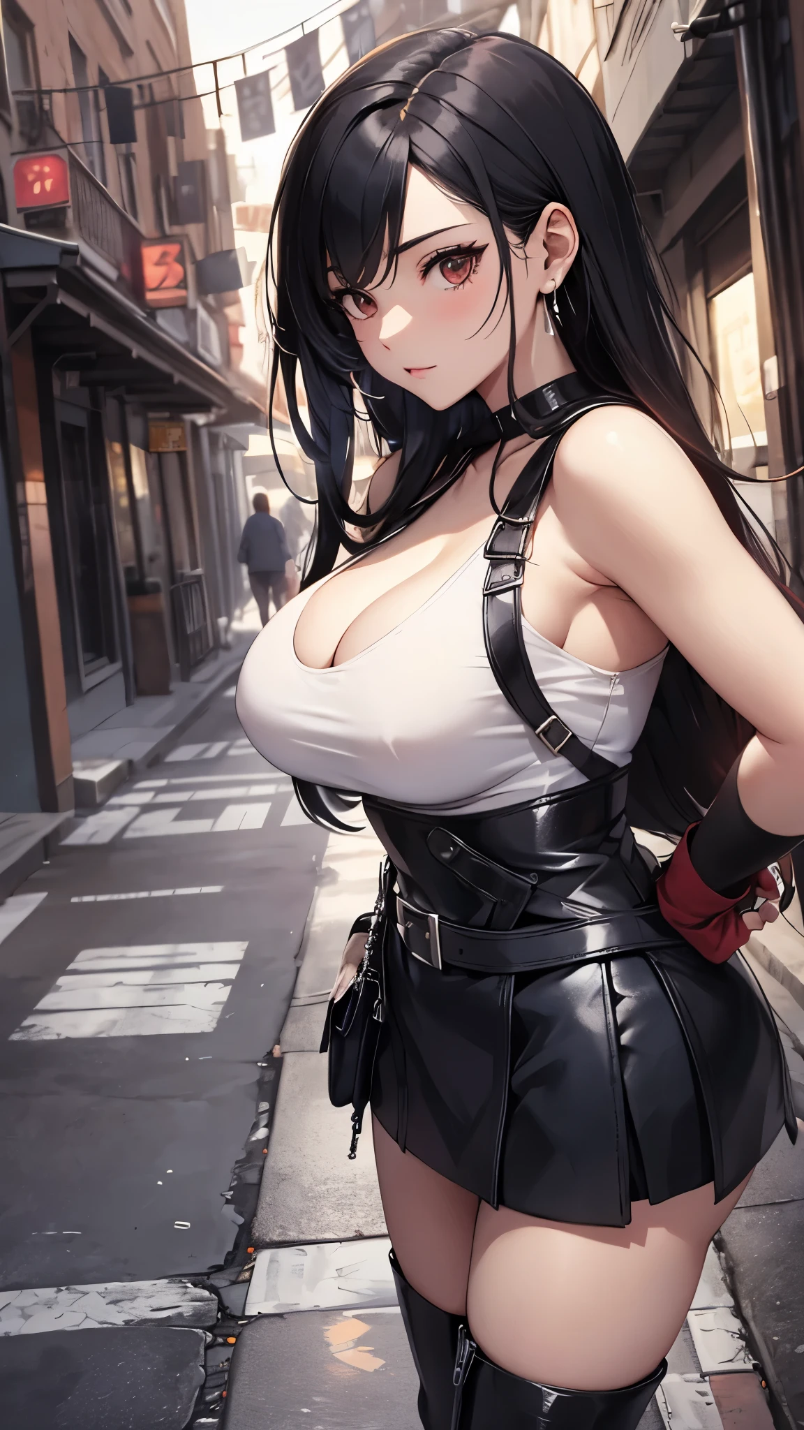 Final Fantasy VII, Tifa , Ankle boots, Black Hair, Black Mini Skirt, black Knee socks, Red Boots, Fingerless gloves, Large Breasts, Cleavage、(suspender black skirt), Knee socks, Outdoors、 Model Pose, Highest quality, masterpiece, High resolution,