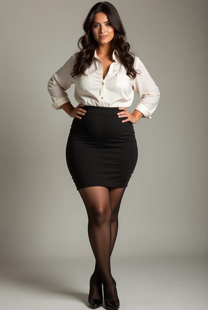 A beautiful woman, Stand with your legs spread, Showing off her asshole, pantyhose, blouse, Pencil Skirt, A plump and large body