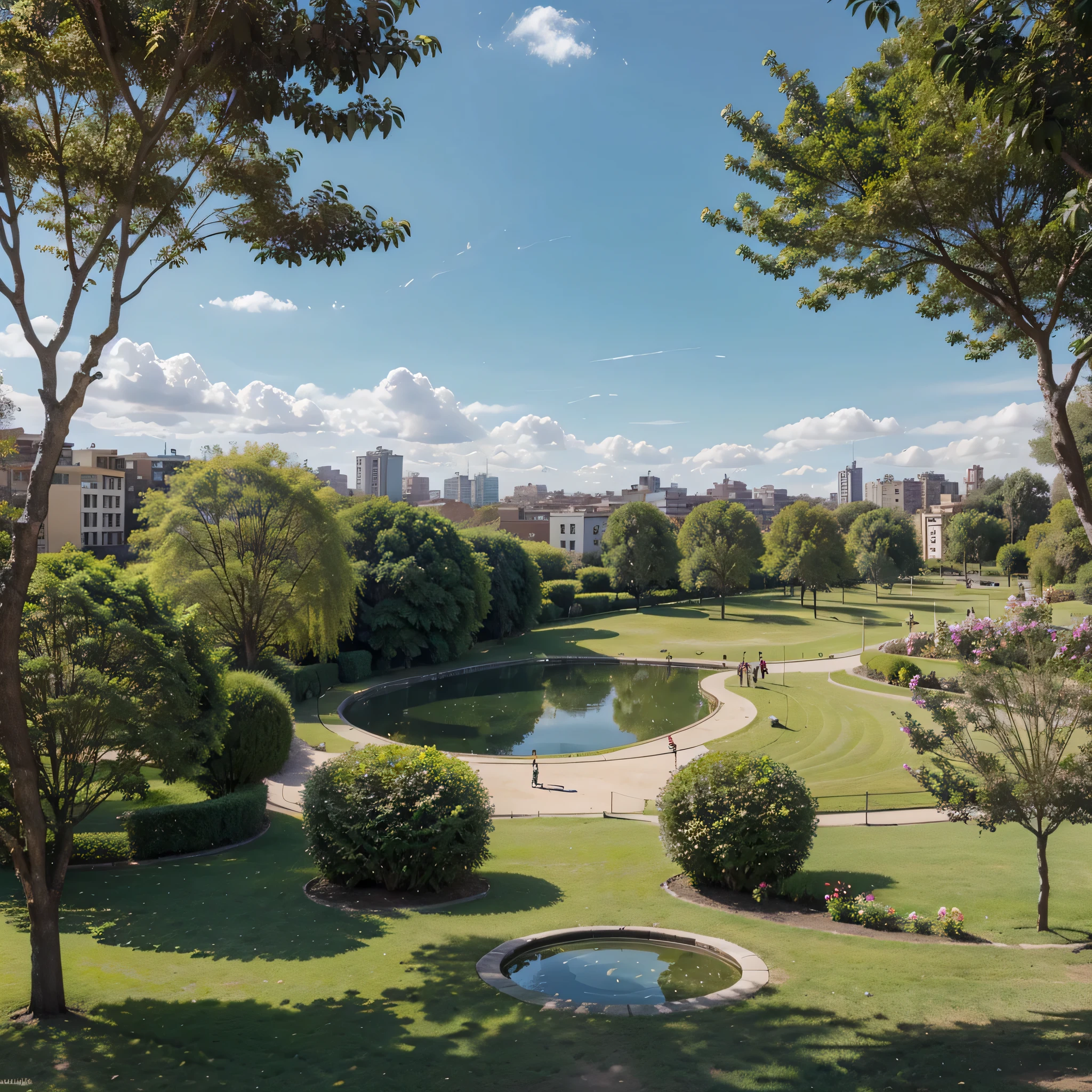 Perfect spring day in parks and gardens, few trees and lakes, sunny atmosphere, with a park in the background with some buildings in the background , without people, promotional shot, peru , realistic image
