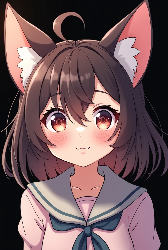 ear blush, by rubio, by the wide, swept bangs, Non-matching pupils, Sanpaku, cat ears, smile, animated style, tachi-e, High Definition, Black background