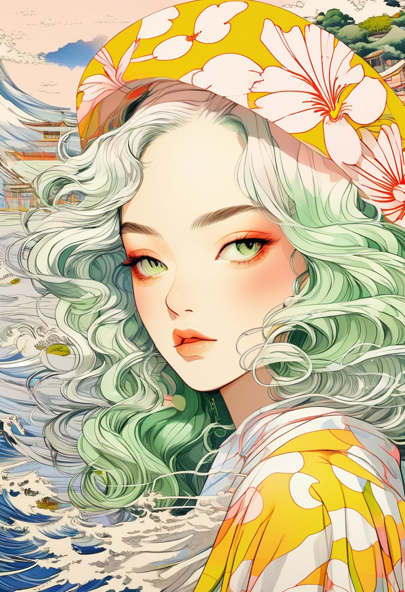 A mesmerizing surreal illustration of a young japanese woman. She has pastel green hair with blunt bangs, yellow eyes, and wears a vibrant pastel colored outfit adorned with intricate floral patterns. Freckles dot her smooth, warm complexion, and bold, colorful tattoos cover her arms and legs. The tattoos feature traditional Japanese motifs like flowers and mythical creatures, rendered with meticulous detail in a pastel color palette. The background is a vintage floral-patterned wallpaper that complements the artwork's colors. The line work is precise, with delicate shading that gives the illustration a 3D quality. The artwork fuses modern illustration techniques with traditional Japanese aesthetics, resulting in a visually striking, portrait,