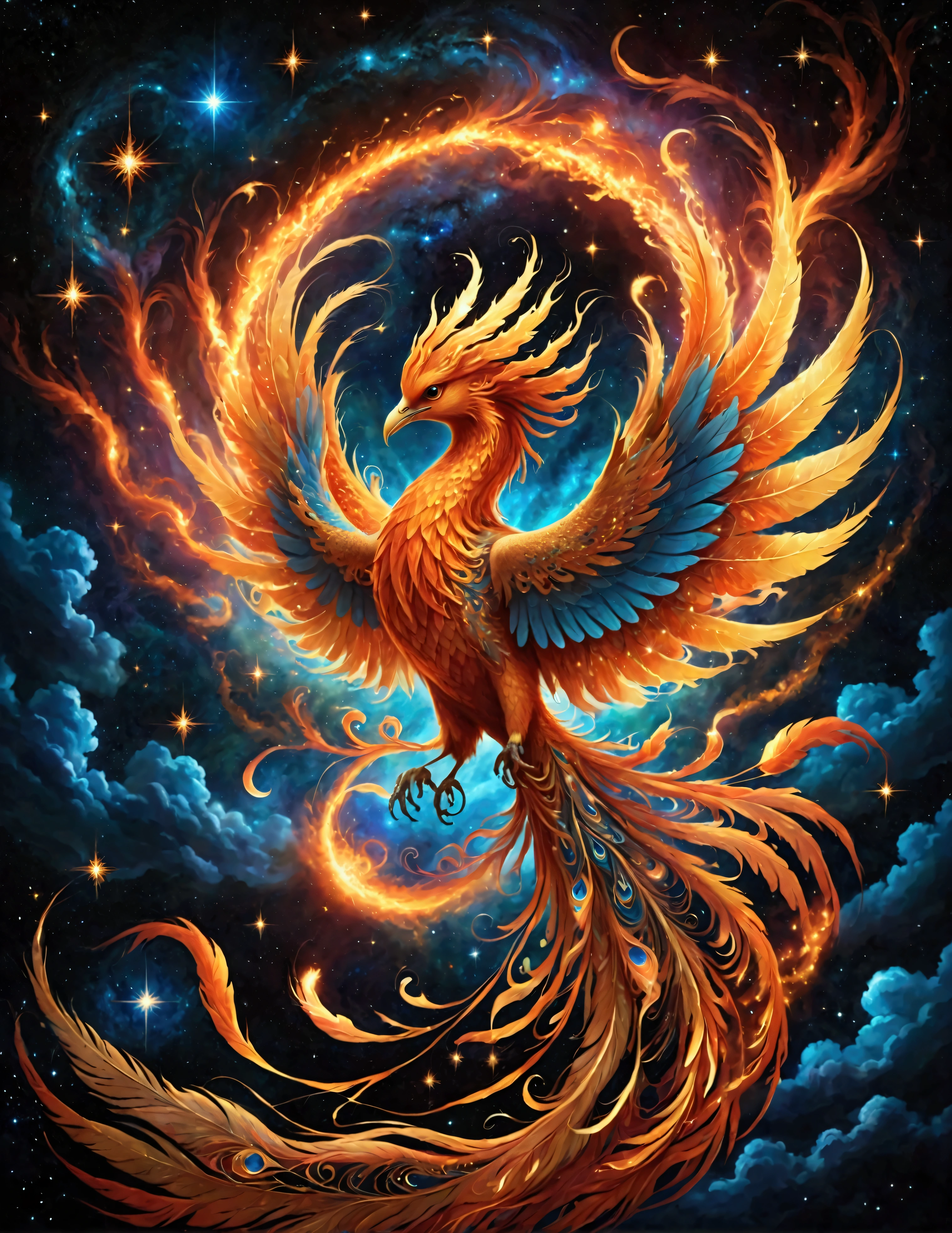 Under a sky awash with stars, a phoenix dances amidst the celestial tapestry. Its fiery form leaves trails of stardust in its wake, each movement imbued with an ethereal grace. The moon bathes the scene in an otherworldly glow, highlighting the intricate patterns woven into the bird's plumage. This is a phoenix in its element, a creature of both fire and sky, celebrating its existence in the heart of the cosmos.