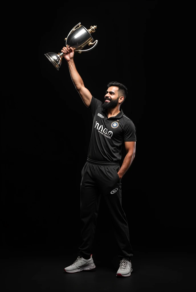 Black background with Virat kholi holding trophy