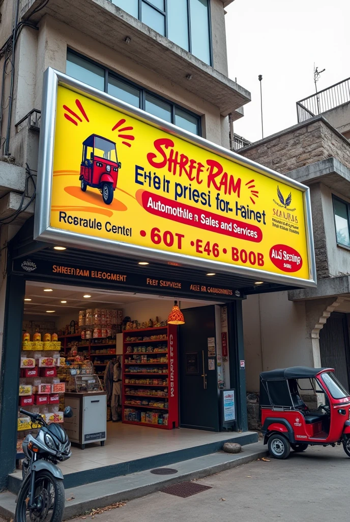 Prepare a unique creative shop hoarding design for e-rikshaw shop with name 'shree ram enterprises automobiles sales and services'