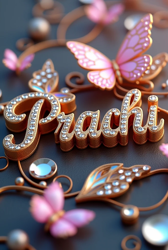 "Prachi"written with golden diamond and metallic wing, crown and  metallic pink butterfly on the top of the name 3D photo, shadow 