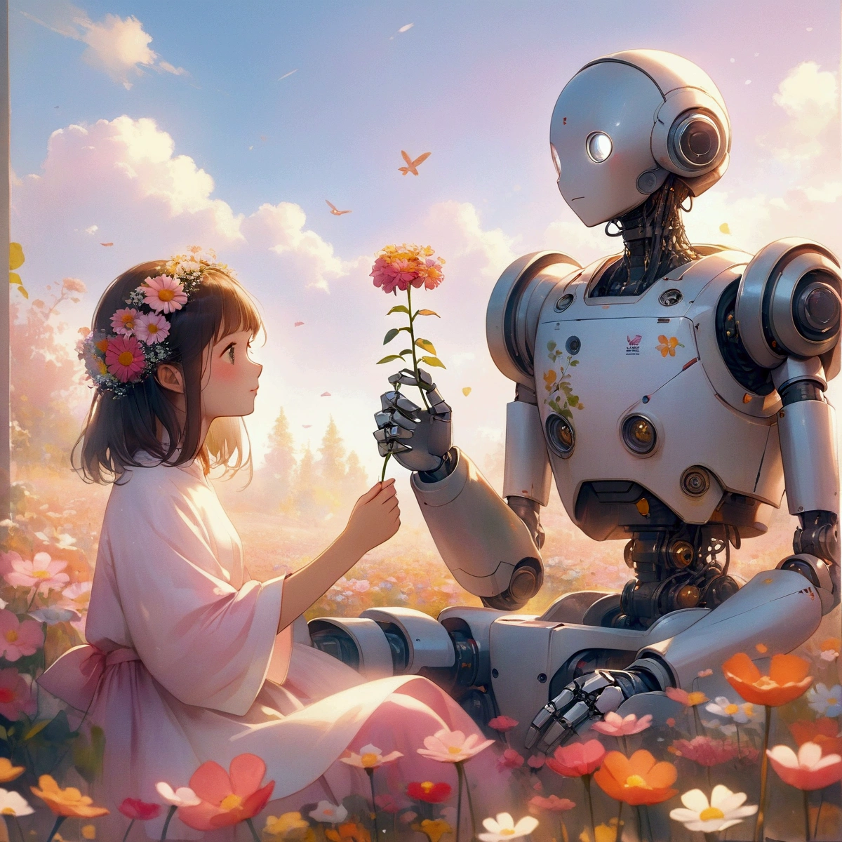 A robot and a girl in a flower field, Kind cyborg girl holding flowers, humanoids overgrown with flowers, Alena Aenami and Android Jones, Beeple and Jeremiah Kettner, Mecha aesthetics, Robot Girl, A mix of anime robots and organic matter, Meet the robot, Robot Sensation, Woman and robot, Beautiful digital art, Friendly robot, cute humanoid robot