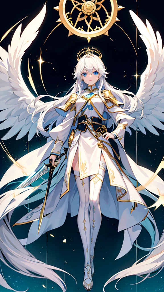 Long white haired angel。White angel halo and blue eyes、The four small angel wings on the back are characteristic。A huge halo resembling a clock floats on his back.。The costume is white full body armor with a crown decorated with fine pure gold detailing resembling the heavens.。In his right hand he holds a translucent large sword with a long blade that is covered in dark iridescent phosphorescence.。The great sword is decorated with gears made of pure gold.。Secretly, I long to serve my former master again.。