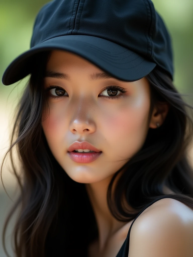 chinese girl 20 years old , with flawless face,focus on her gaze,cute,beautiful,high quality beautiful,black hair ,with black bisbol hat,casual style ,natural ,badass