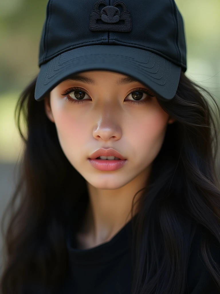 chinese girl 20 years old , with flawless face,focus on her gaze,cute,beautiful,high quality beautiful,black hair ,with black bisbol hat,casual style ,natural ,badass