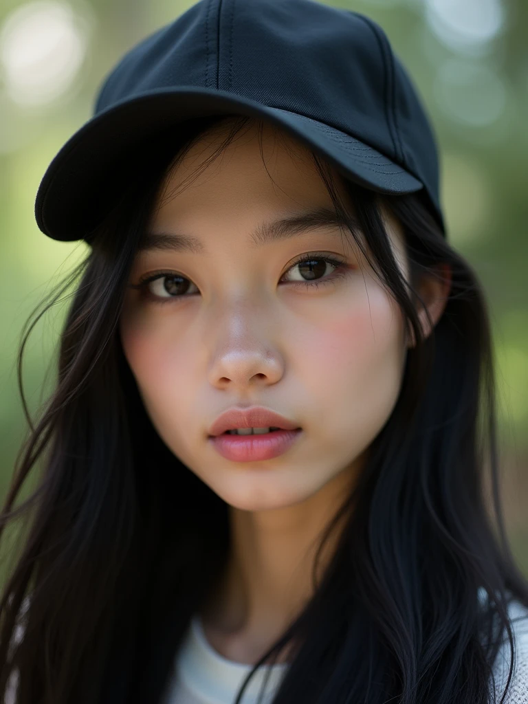 chinese girl 20 years old , with flawless face,focus on her gaze,cute,beautiful,high quality beautiful,black hair ,with black bisbol hat,casual style ,natural ,badass
