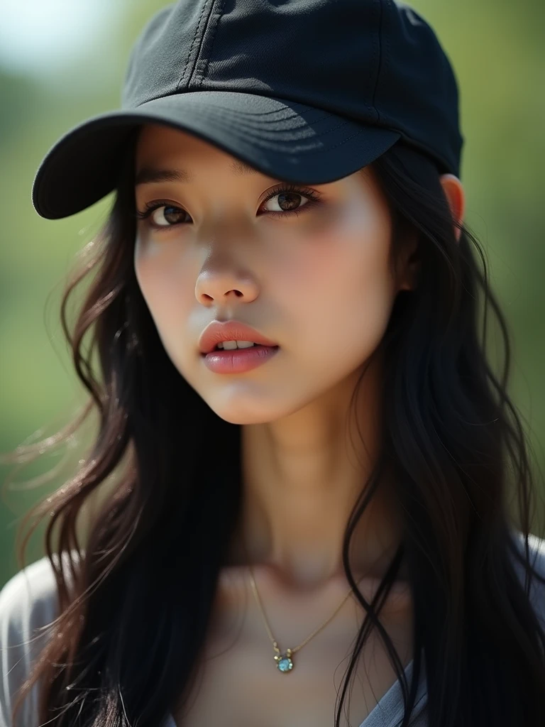 chinese girl 20 years old , with flawless face,focus on her gaze,cute,beautiful,high quality beautiful,black hair ,with black bisbol hat,casual style ,natural ,badass