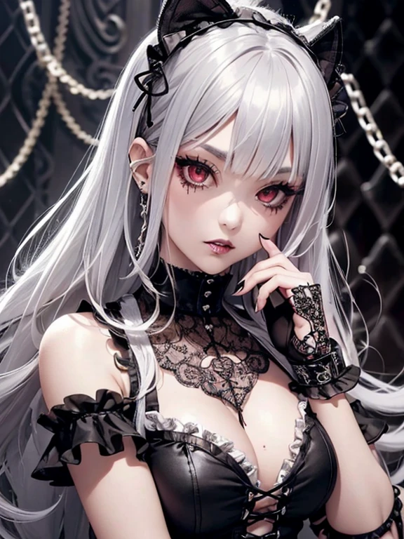 A 2 gothic punk goth girl, perfect face, beautiful Asian woman with long White hair in curls and coils, very cute and beautiful girl, (highly detailed beautiful face), high detailed fingers, (Blood Red corset with detailed frills), detailed face, detailed fingers cowboy shot, looking at viewer, ((sexy Punk Lolita cosplay)), high neckline, ((ultra detailed lace)), ((ultra detailed embroidery)), intricate details, , ((silver chains)), ((silver spikes)), ((safety pins)), Punk Lolita Punk Lolita choker, ((large sparkling Punk Lolita, cinematic light, detailed gothic house background