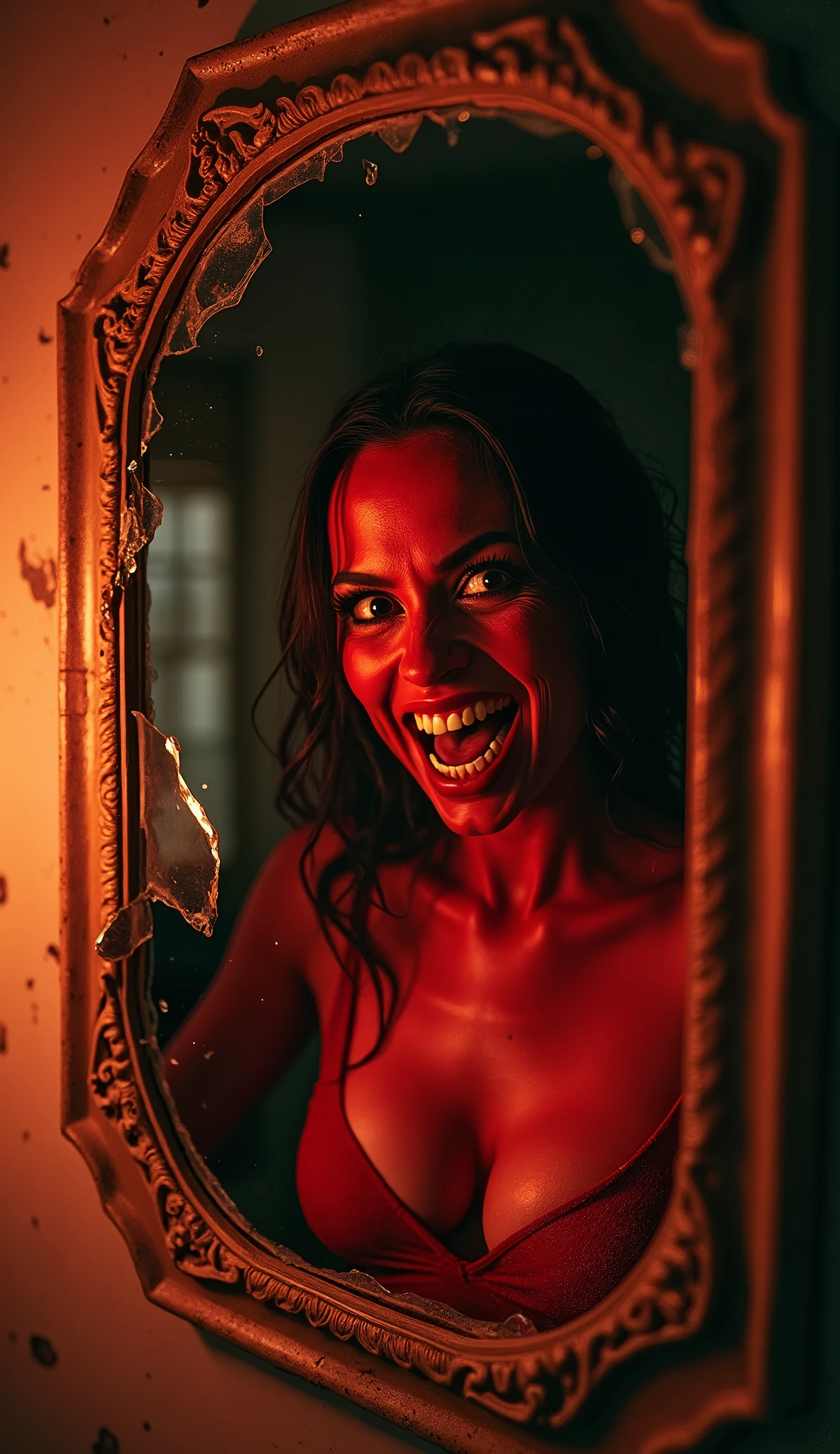 Style-Glass, award winning photo, masterpiece, highest quality, solo focus, woman, (red skin:1.3), demoness, (demon:1.3) breaking through a mirror, evil grin, by lee jeffries nikon d850 film stock photograph 4 kodak portra 400 camera f1.6 lens rich colors hyper realistic lifelike texture dramatic lighting unrealengine trending on artstation cinestill 800,