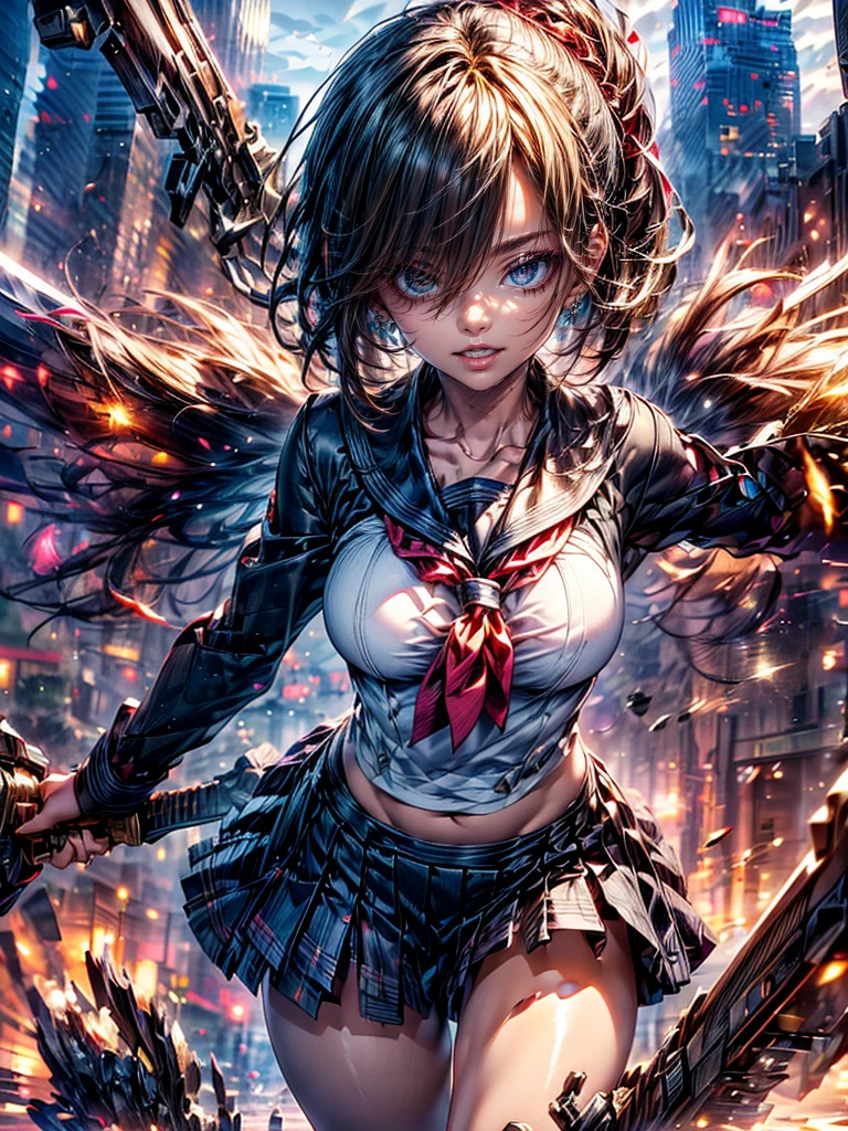 High resolution, Winner of numerous awards, Ultra high definition, Textured skin, retina,
masterpiece,(bestquality),highlydetailed,ultra-detailed,1girl, (Angry expression、Contempt:1.7)(roboT)(fantasylandscape:1.2,natural lighting:1.5,confidentexpression),(panorama:1.2),mecha, angle、chrome,raw(A beautiful girl with black hair and a high schooluniform.sailor uniform:1.5)(Point your weapon at me:1.6)(Positioned to attack me:1.6)(beautiful face.)(Sticking out tongue, It's crazy, Disgust, :1.8)