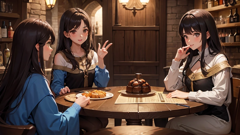 beautiful girl, Dark brown hair, Brown eyes, Dark Eyes, Fuller lips, middle ages, Wizard, Tavern, Having fun at the table with friends