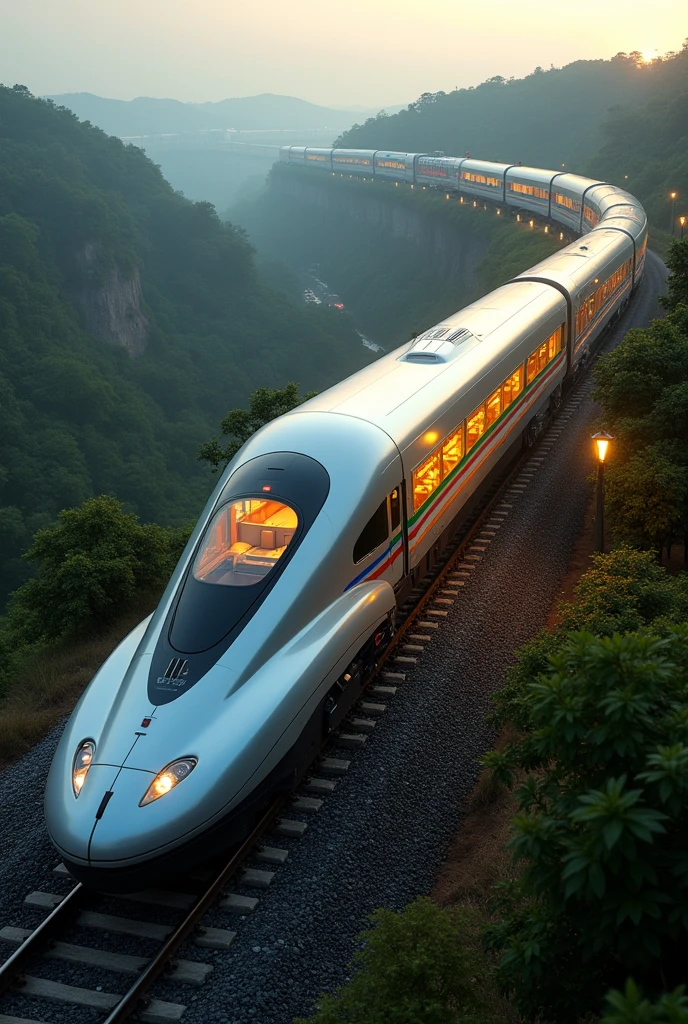 Imagine a Sleeper Bullet Train from Exterior more Aerodynamic and Interior lights should be Yellow and With with a little Indian Flag Colour Design 