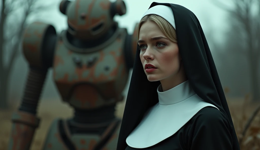 (Masterpiece.uhd.phtotrealistic.analog photography.1950 style.) ina dystopian Neo retro futuristic world.an ultra hot gorgeous Swedish woman. Age 23. Voluptuous hourglass  body. Gorgeous face.blush. Epic cleavage (100 E size) (((she’s dressed like a nun))) concerned, Worried face. beautiful detailed eyes, beautiful detailed full red lips, extremely detailed face and features, long eyelashes,professional,bokeh, (at night time) 1930 clunky and rusty evil war robot in the background. In the garden of an old abandoned abbey.