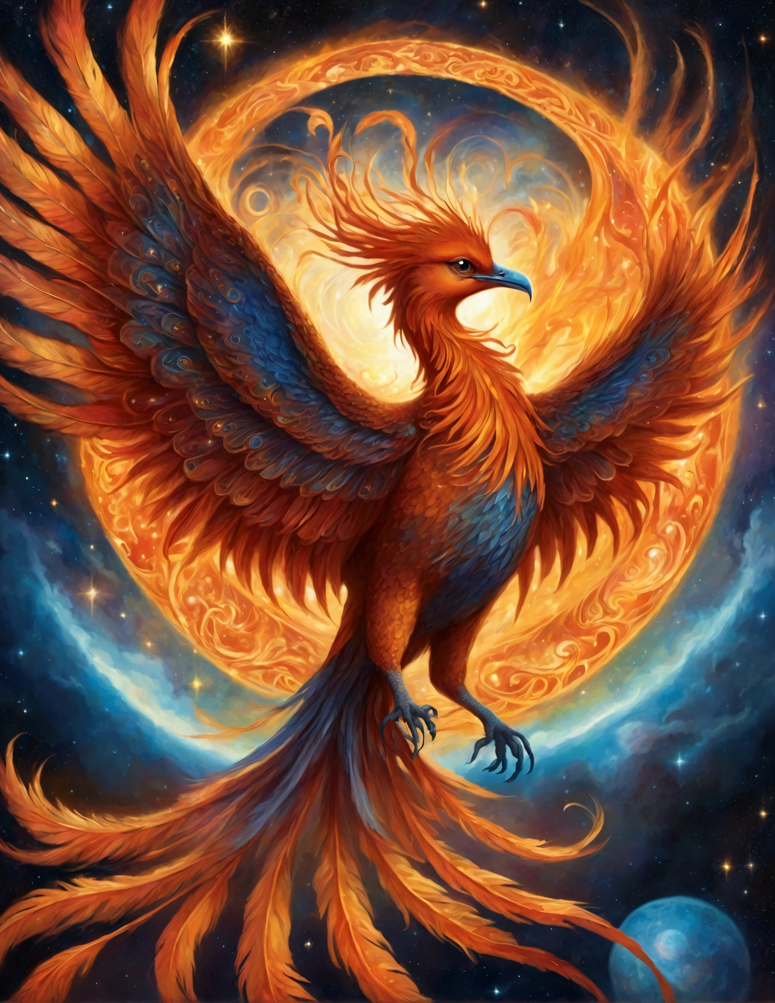 Under a sky awash with stars, a phoenix dances amidst the celestial tapestry. Its fiery form leaves trails of stardust in its wake, each movement imbued with an ethereal grace. The moon bathes the scene in an otherworldly glow, highlighting the intricate patterns woven into the bird's plumage. This is a phoenix in its element, a creature of both fire and sky, celebrating its existence in the heart of the cosmos.