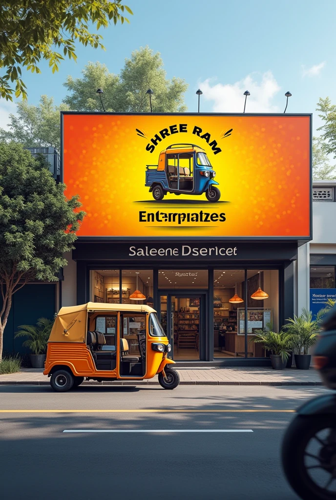 Prepare a unique creative shop hoarding design for e-rikshaw shop with name 'shree ram enterprises automobiles sales and services'