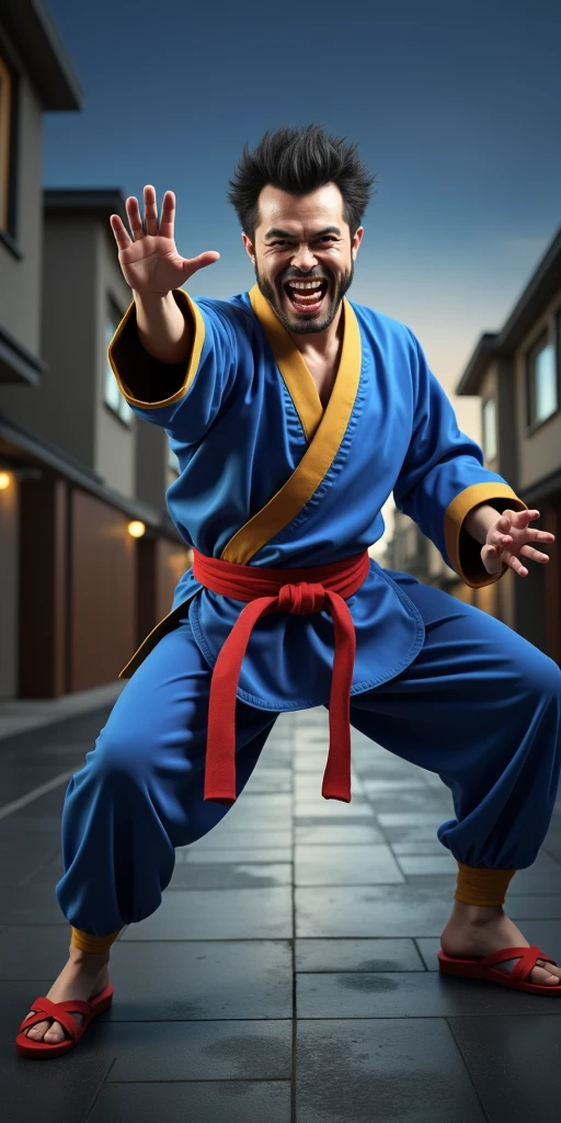 a master of martial arts,displaying his own skills.((laughing,trickster,theatrical,madness, jestering)),((pale blue, dark blue, red, rainbow colours)),(( Full figure wiew)). ((Three quarter wiew)),((deep wiew)),modern suburbs scenario background,photographic,ultra high resolution,hyperdetailed, masterpiece, 3d modelling, digital art.