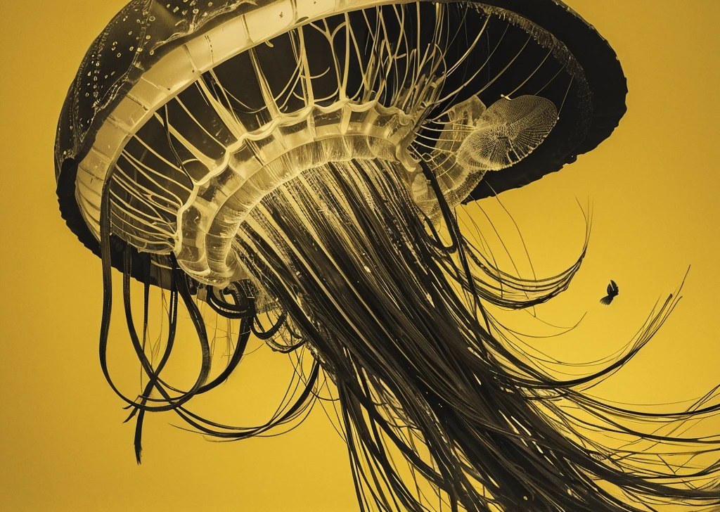 wing,very large,one jellyfish,monochrome,old painting,yellow background,Rantan,space,midlle ages,atomic