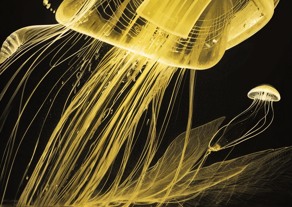 wing,very large,one jellyfish,monochrome,old painting,yellow background,Rantan,space,midlle ages,atomic