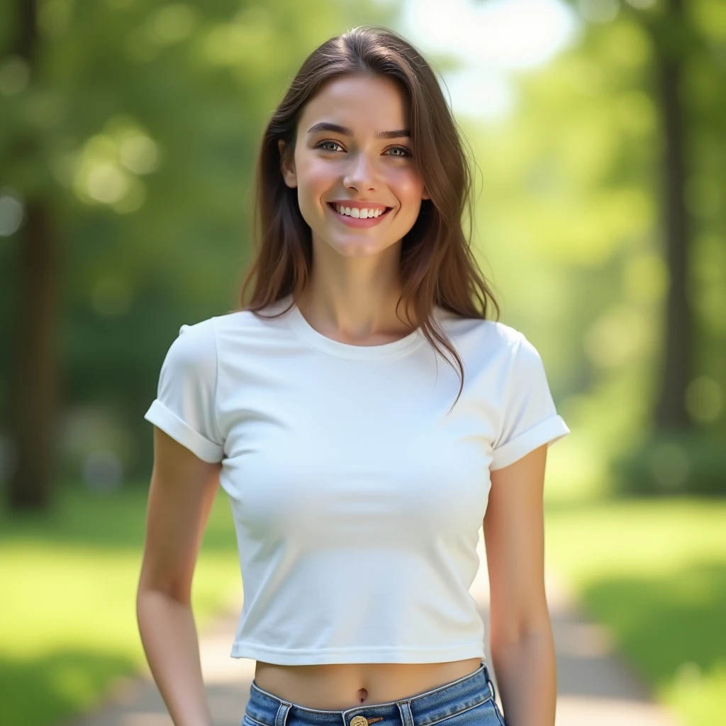 A high-resolution, smiling, front-facing image of an East European woman, wearing a plain white t-shirt and skirt. The woman is smiling, standing straight with a relaxed posture and a neutral expression. The scene is set against a [sunny park with lush greenery] background with [natural daylight]. The t-shirt is smooth, with minimal folds, ideal for overlaying designs. The image captures the entire body from head to toe, with realistic lighting and detailed textures., photorealistic, first-person view, UHD, masterpiece, anatomically correct